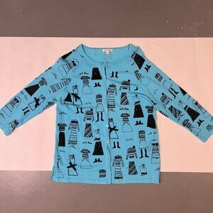 Vintage Avalin Blue Button-Front Cardigan with Dress Print